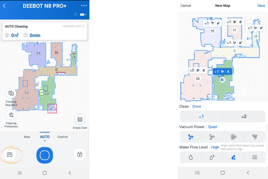 Setting the suction level and water intensity level per room for the Deebot N8.